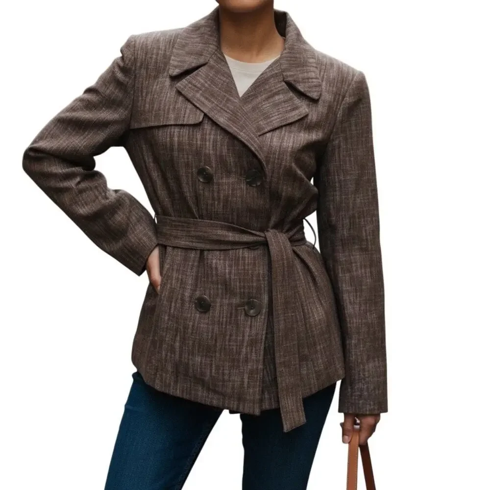 Sandro Sportswear Brown Tie Waist Button Front Belted Jacket Size Large